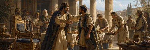 David welcoming Mephibosheth beside a prepared place at the royal table